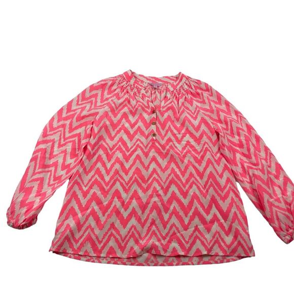 Lilly Pulitzer SILK Elsa Pink Chevron Blouse Henley Smocked Neck Size XS L/S - Picture 1 of 7